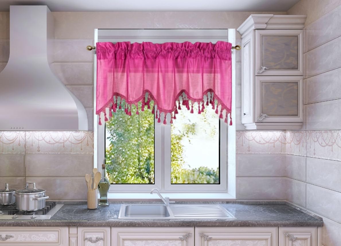 Solid Faux Silk Swag Waterfall Cascade Ascot Window Curtain Valance W/Tassels Trim 55' X18' Wave (1, Hot Pink)