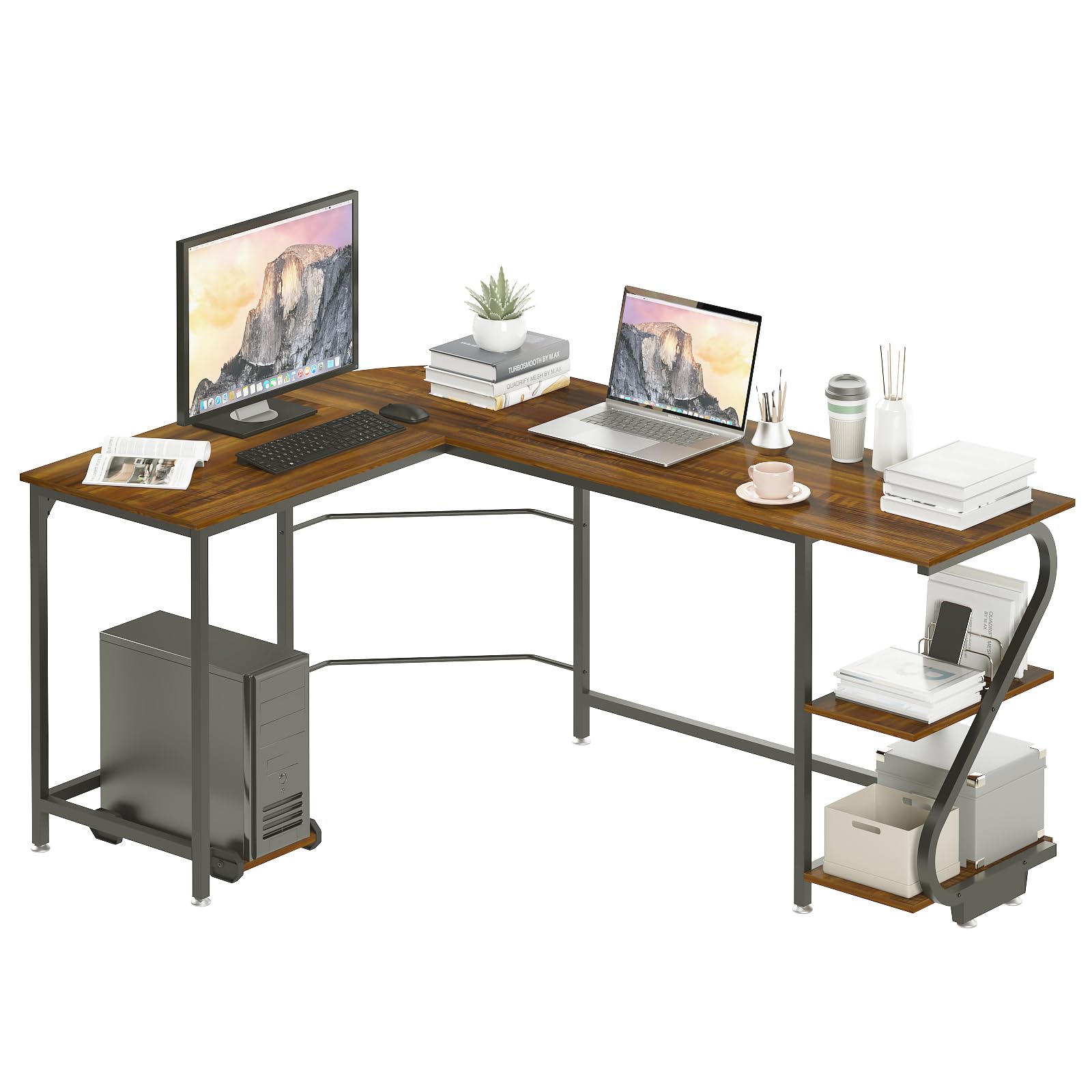 Weehom Reversible L-Shaped Desk with Shelves Large Corner Gaming Computer Desks for Home Office Writing Workstation Wooden Table