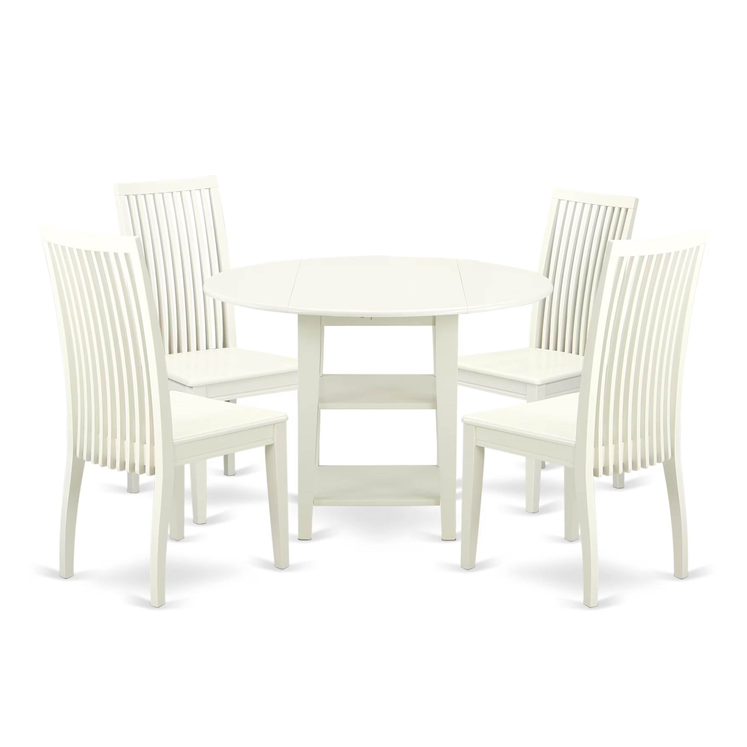 East West Furniture SUIP5-LWH-W 5 Piece Dinette Set for 4 Includes a Round Dining Table with Dropleaf & Shelves and 4 Dining Room Chairs, 42x42 Inch, Linen White