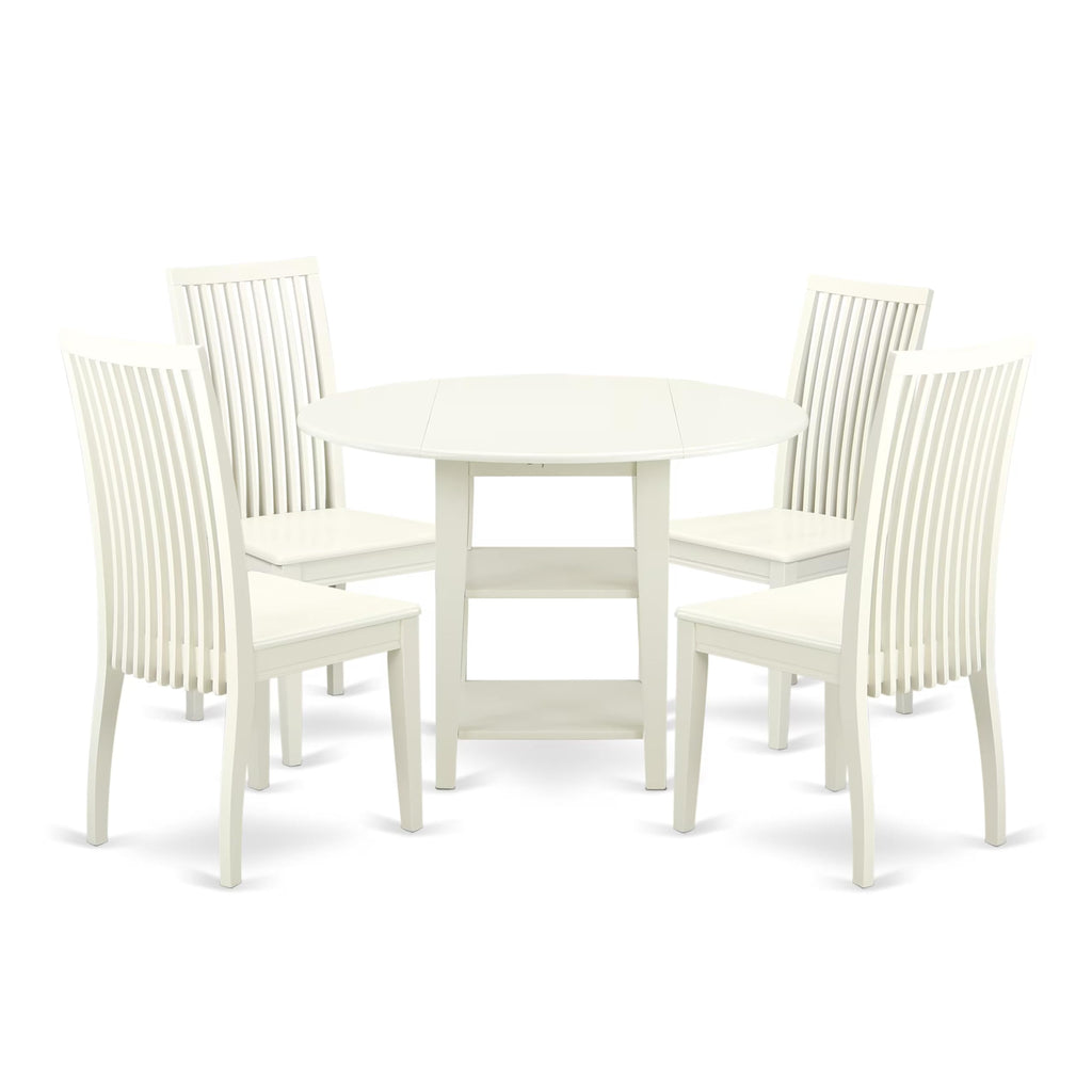 East West Furniture SUIP5-LWH-W 5 Piece Dinette Set for 4 Includes a Round Dining Table with Dropleaf & Shelves and 4 Dining Room Chairs, 42x42 Inch, Linen White