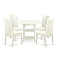 East West Furniture SUIP5-LWH-W 5 Piece Dinette Set for 4 Includes a Round Dining Table with Dropleaf & Shelves and 4 Dining Room Chairs, 42x42 Inch, Linen White