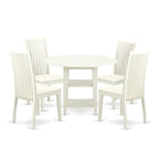 East West Furniture SUIP5-LWH-W 5 Piece Dinette Set for 4 Includes a Round Dining Table with Dropleaf & Shelves and 4 Dining Room Chairs, 42x42 Inch, Linen White