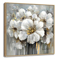 Living Room Flowers Wall Art White and Gray Floral Pictures with Gold on Canvas for Home Decor Framed 30x30, Solid Wood Frame