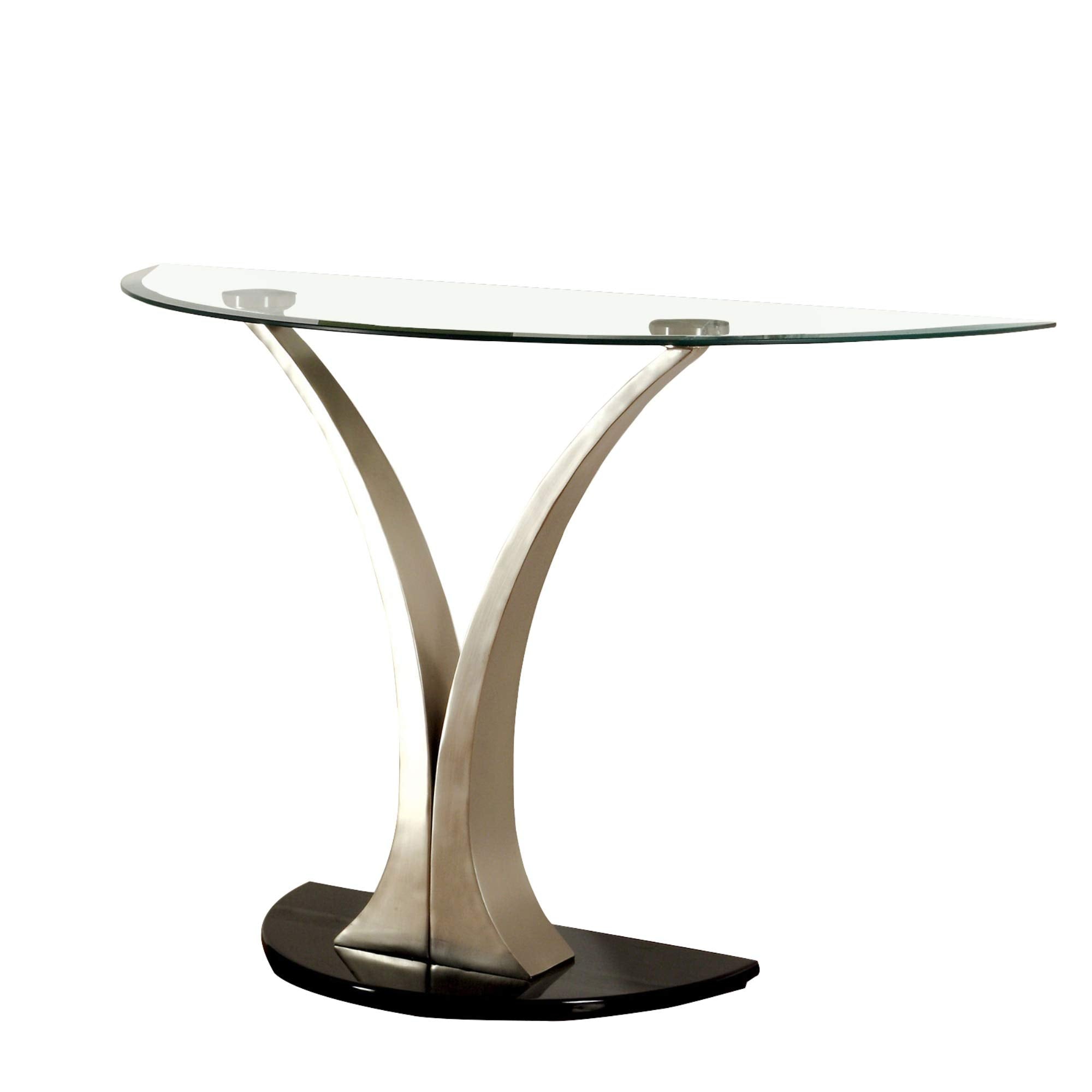 Benjara Sofa Table With Curved V Base And Semi Circular Glass Top, Black And Silver