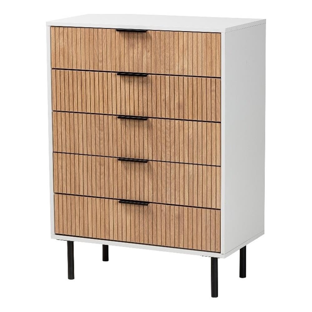 Baxton Studio Karima Mid-Century Modern Two-Tone White and Natural Brown Finished Wood and Black Metal 5-Drawer Storage Cabinet