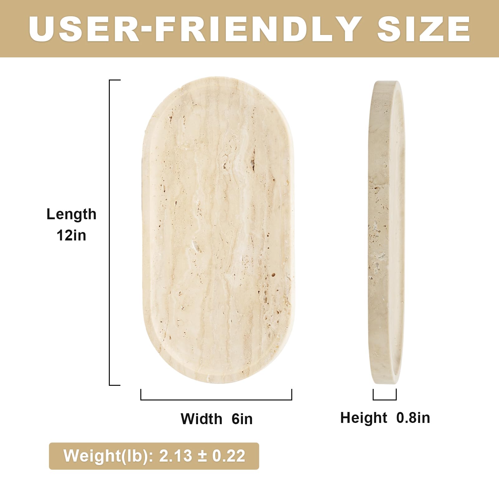 Koville Turkish Natural Travertine Tray, 12'' Vanity Decorative Tray For Countertop Organizer, Catchall Tray For Perfume, Candle