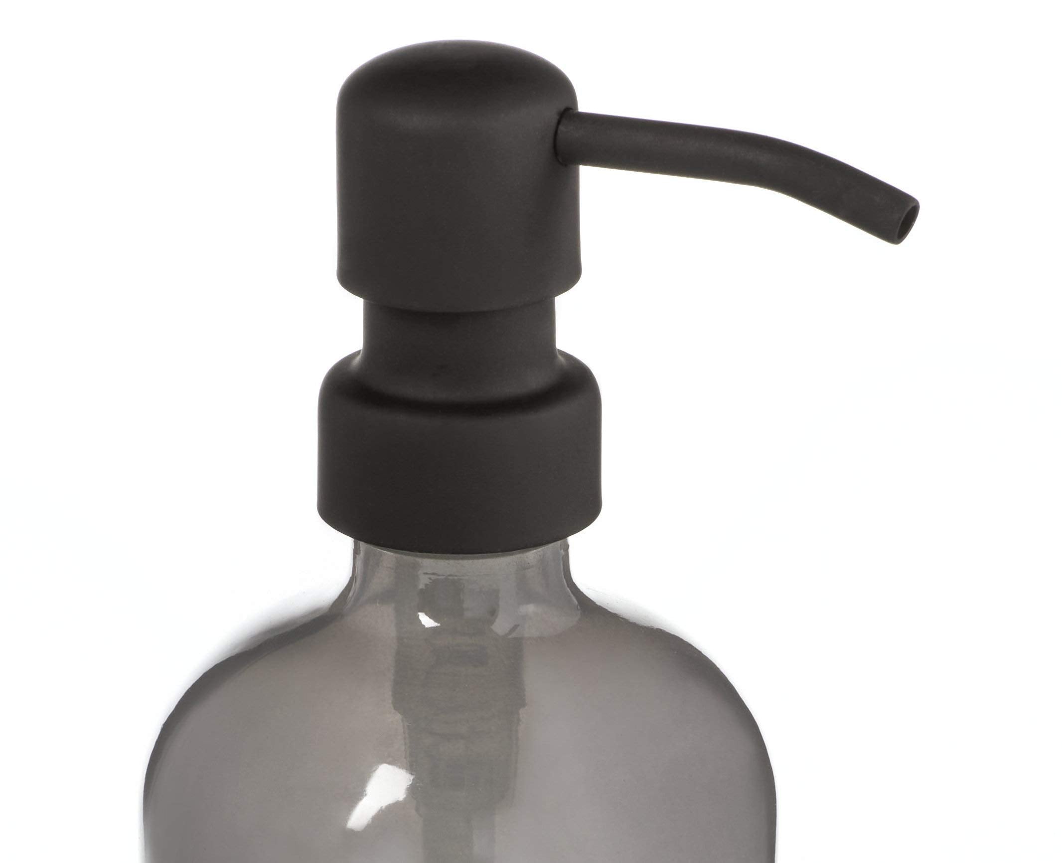 Gray Soap Dispenser With Black Pump And Non-Slip Coaster. Semi Translucent Smokey Grey 16Oz Glass Bottle.