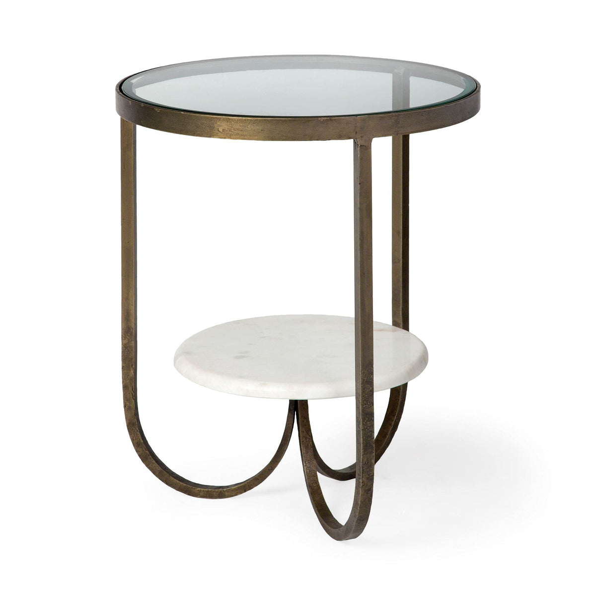 HomeRoots Antiqued Gold Glass; Metal Round Glass Top Metal Side Table with Marble Shelf on Bottom