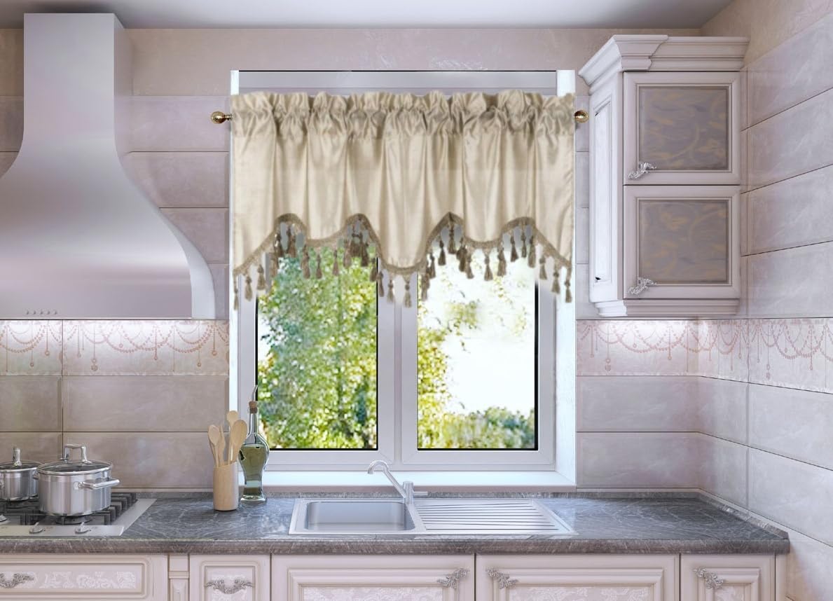 Solid Faux Silk Swag Waterfall Cascade Ascot Window Curtain Valance W/Tassels Trim 55' X18' Wave (1, Taupe Tan)