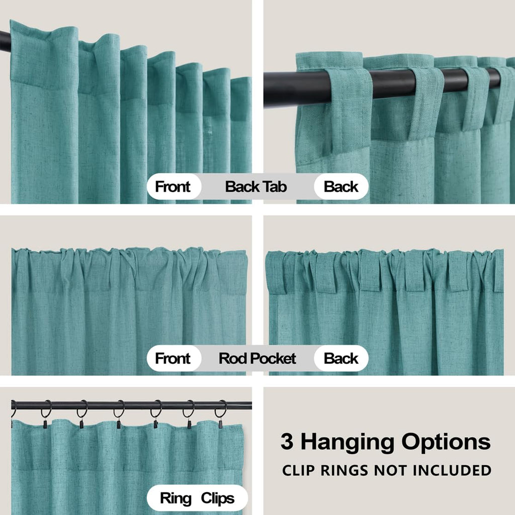 Koufall Teal Back Tab Rod Pocket Linen Sheer Curtains 52X63 Inch Length For Bedroom