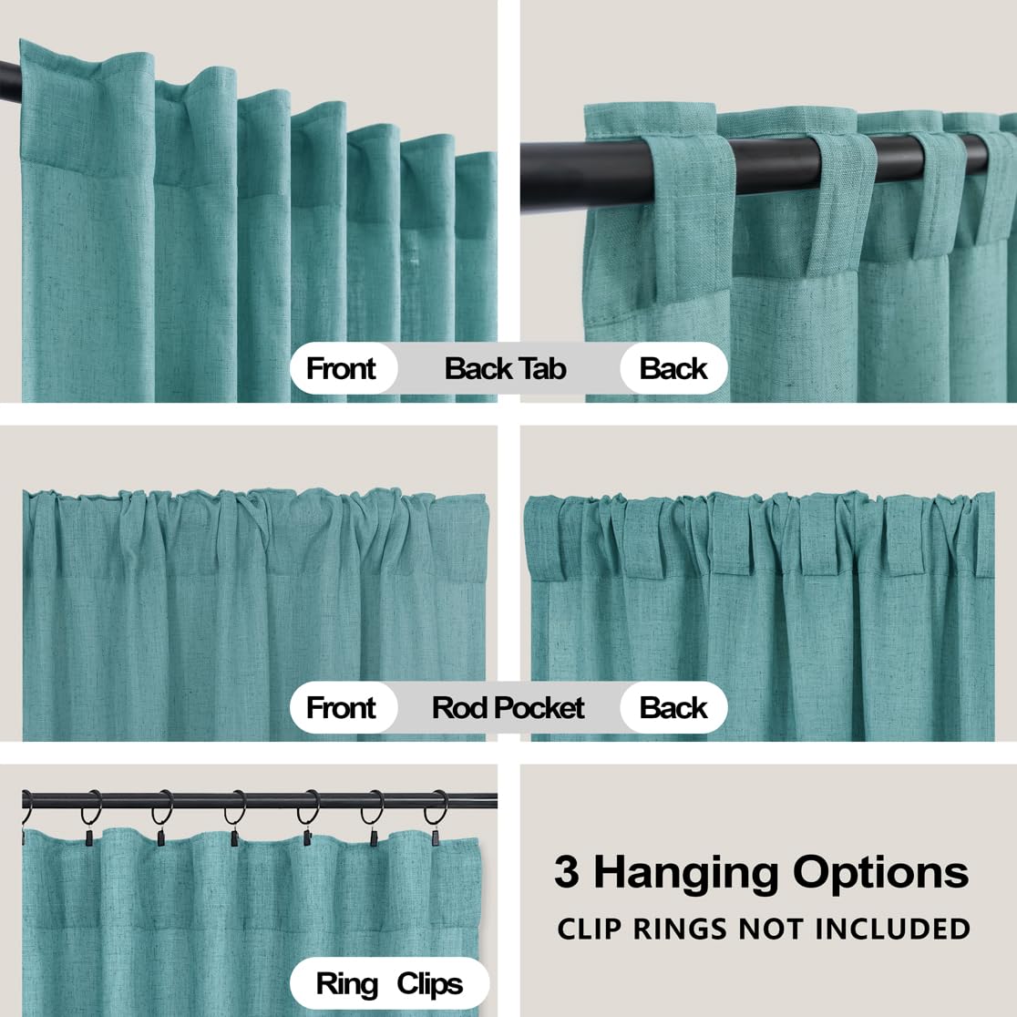 Koufall Teal Back Tab Rod Pocket Linen Sheer Curtains 52X63 Inch Length For Bedroom