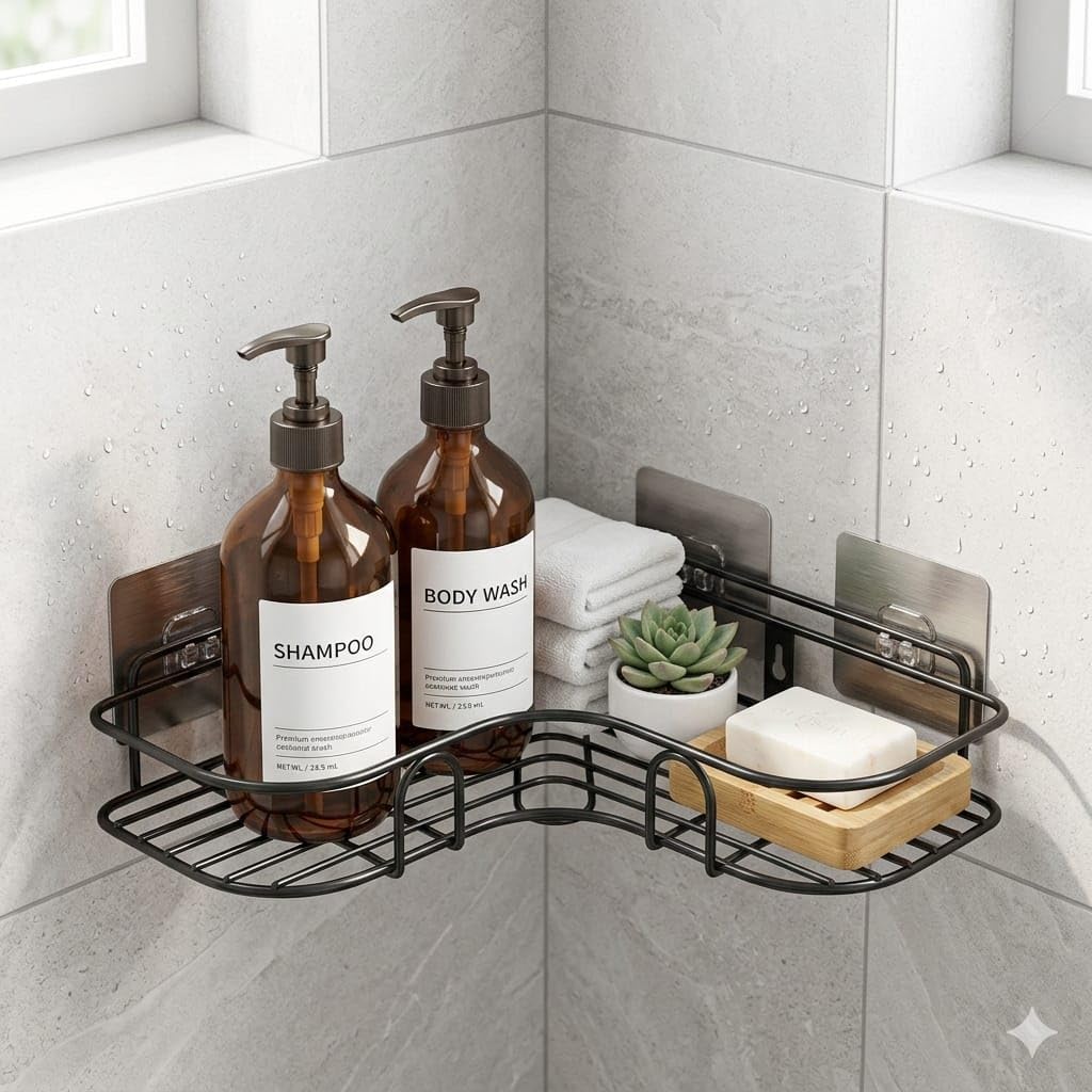 CLINTON Corner Shower Caddy, Adhesive Wall Mount, No Drilling, Stainless Steel, Matte Black, Rust Resistant, Wire Grid Base