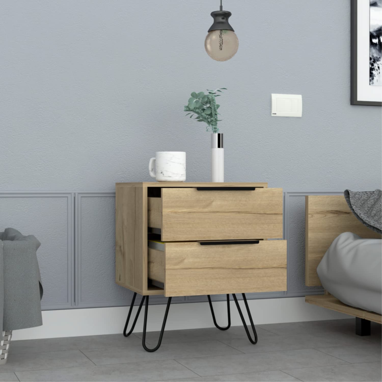 Nightstand 22&Quot; H, 4 Hairpin Legs, 2 Drawers, Light Oak
