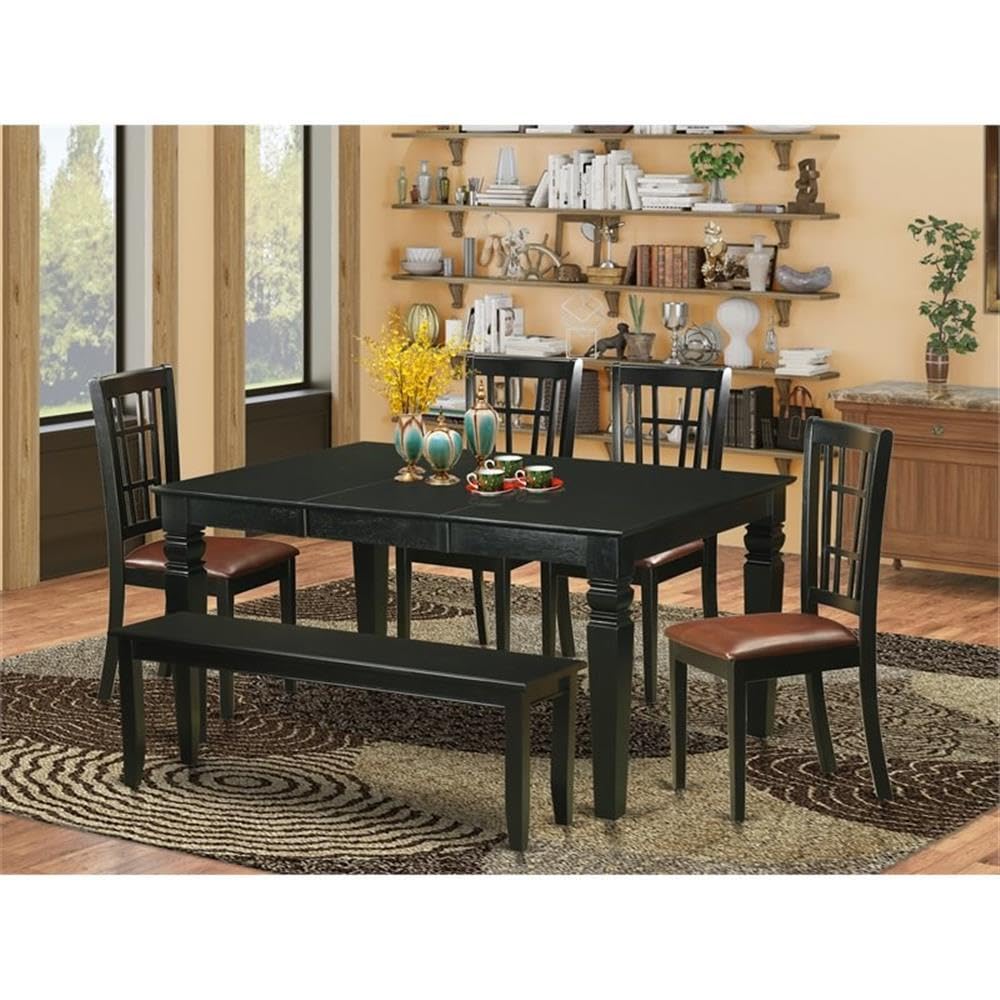 East West Furniture WENI6D-BLK-LC 6 Piece Dining Room Table Set Contains a Rectangle Kitchen Table with Butterfly Leaf and 4 Faux Leather Dining Chairs with a Bench, 42x60 Inch, Black