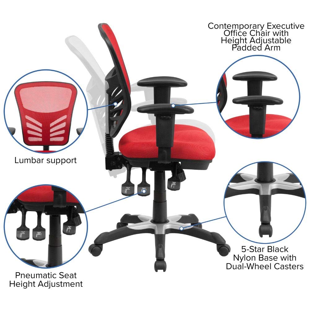 Flash Furniture Nicholas Mid-Back Red Mesh Multifunction Executive Swivel Ergonomic Office Chair with Adjustable Arms