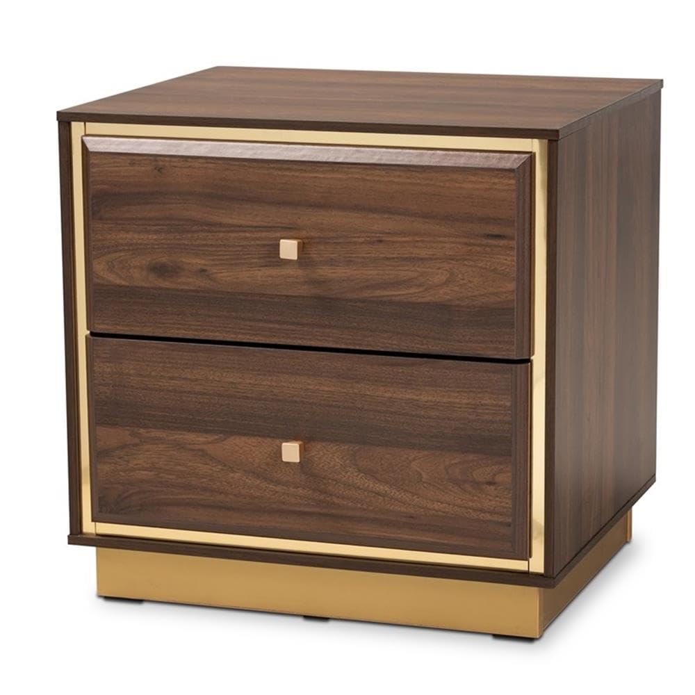 Baxton Studio Cormac Mid-Century Modern Transitional Walnut Brown Finished Wood and Gold Metal 2-Drawer Nightstand