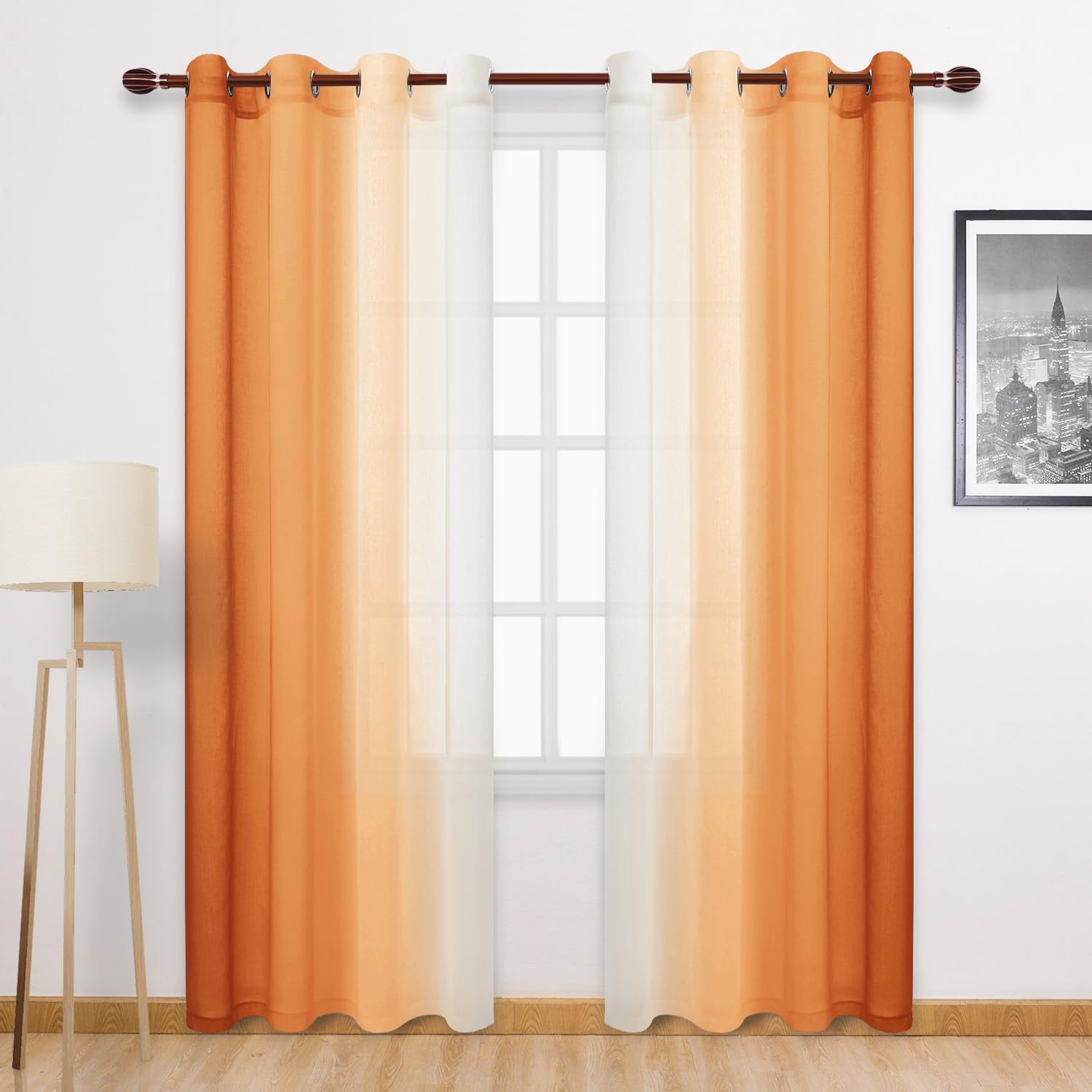 Dwcn Ombre Faux Linen Extra Long Fall Sheer Curtains - Semi Voile Gradient Grommet Top Curtains For Bedroom And Living Room, 52