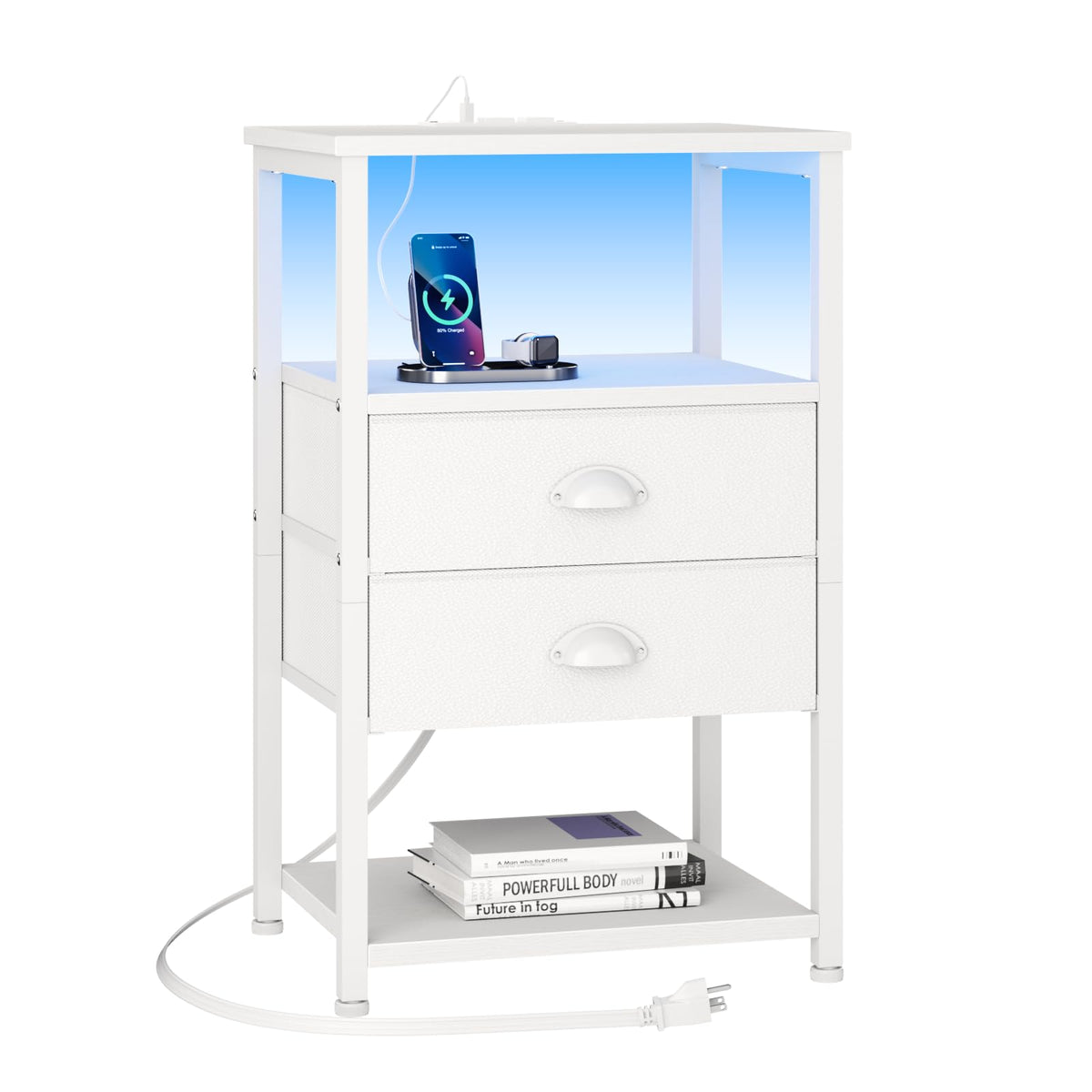 Furologee Nightstand with Charging Station, White Night Stand with LED Lights, 3-Tier Storage End Table with Fabric Drawers, Sid