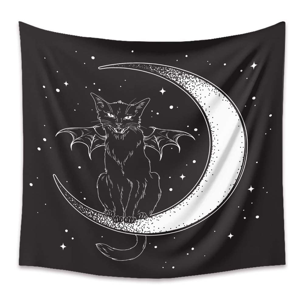 Dyrlhz Tapestry Spooky Bat Cat Tapestry Black And White Wing Cat On Moon Tapestry, Creepy Hippie Spooky Monster Wall Hanging Aes