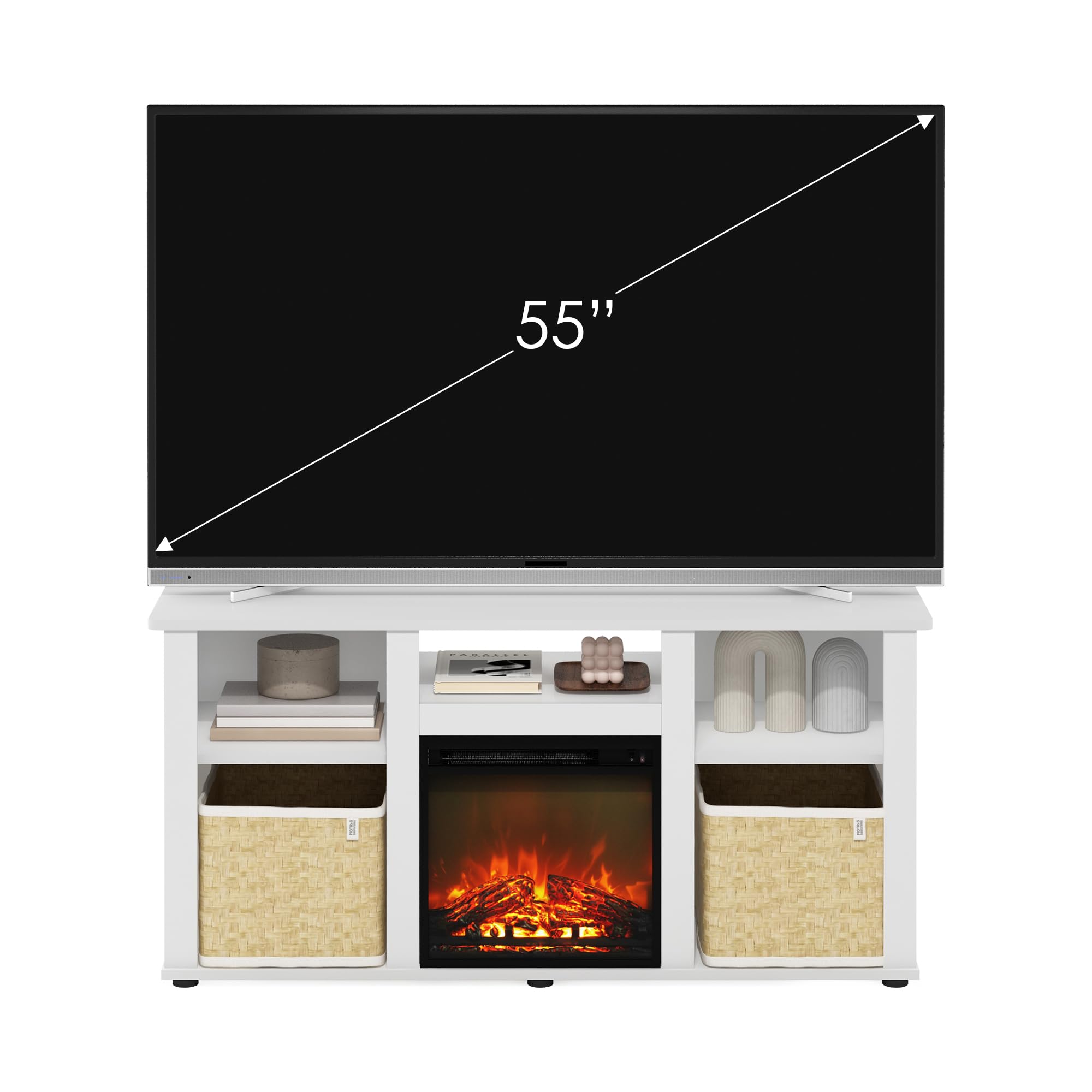 Furinno Jensen Fireplace TV Entertainment Center with Open Storage Compartment for TV up to 55 Inch, Solid White