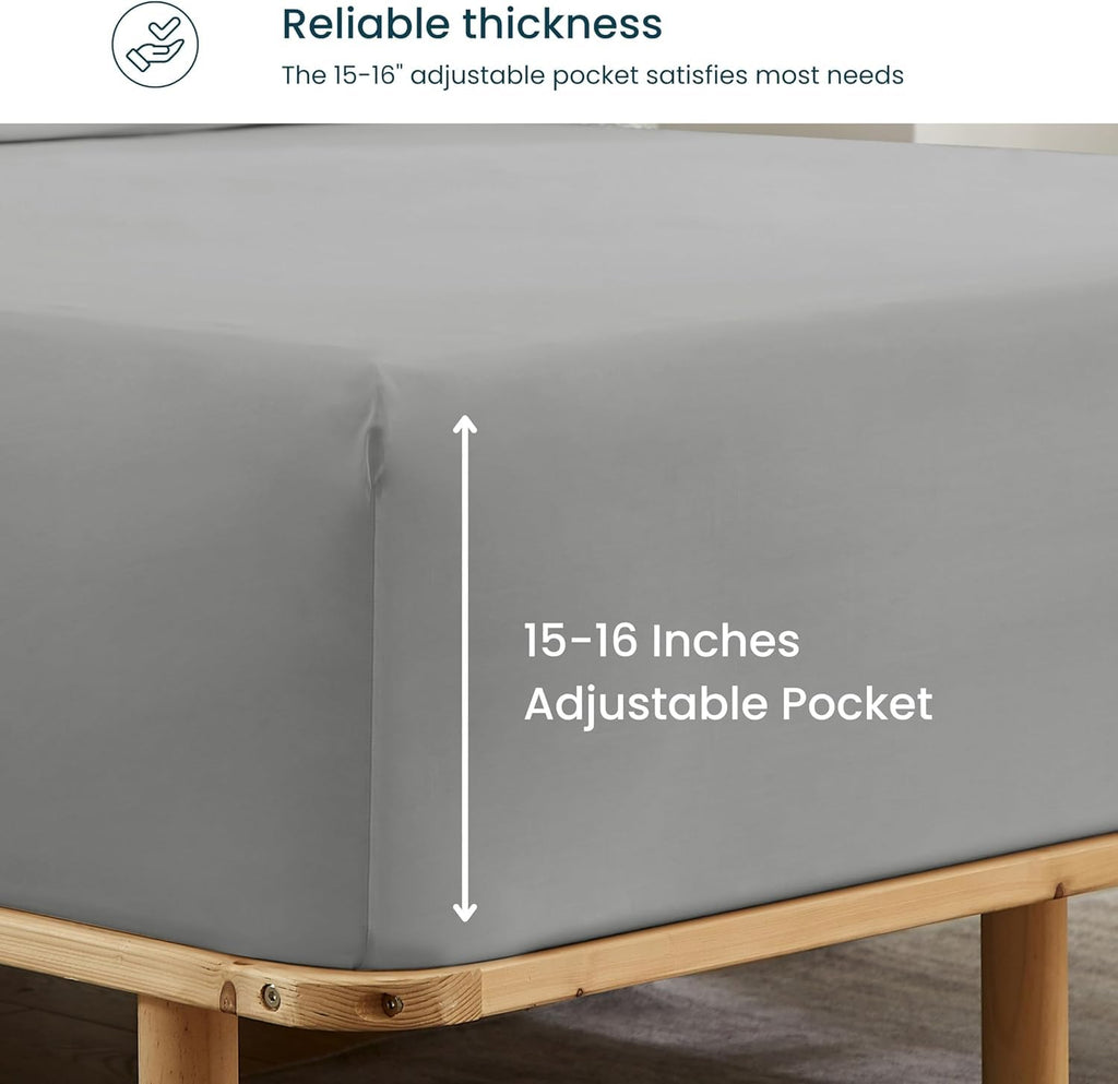 GOKOTTA 100% Bamboo Rayon King Fitted Sheet Set, 3 PCS Super Soft Cooling - 16 Pocket, 4 Elastic Corner Straps, 03 Grey