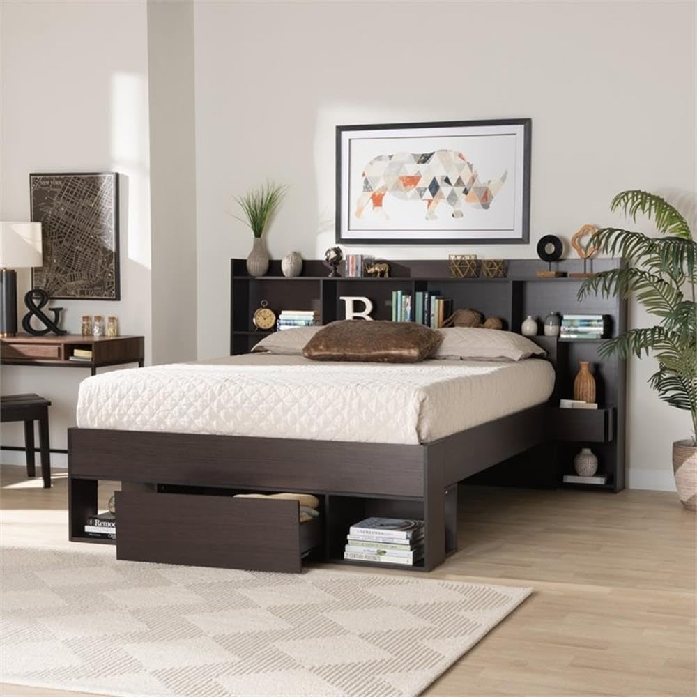 Baxton Studio Dexton Modern and Contemporary Dark Brown Finished Wood Queen Size Platform Storage Bed