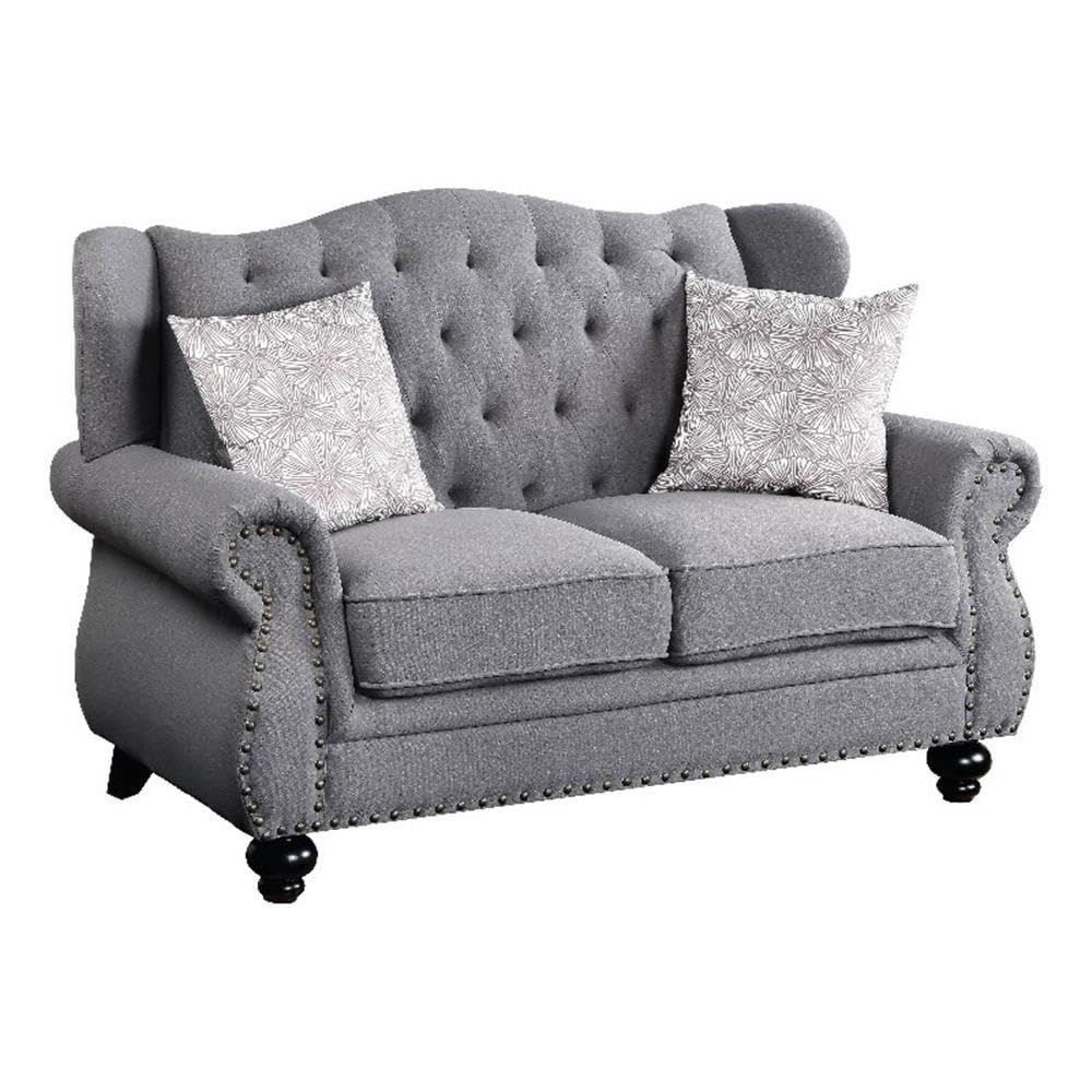 Acme Hannes Loveseat with 2 Pillows in Gray Fabric