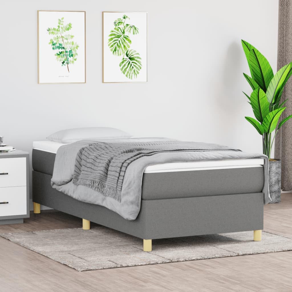 vidaXL Twin Box Spring Bed Frame, Dark Gray, Fabric Plywood and Engineered Wood Construction, Modern Bedroom Furniture, 39.4&quot;x74.8&quot; Mattress Size Compatibility