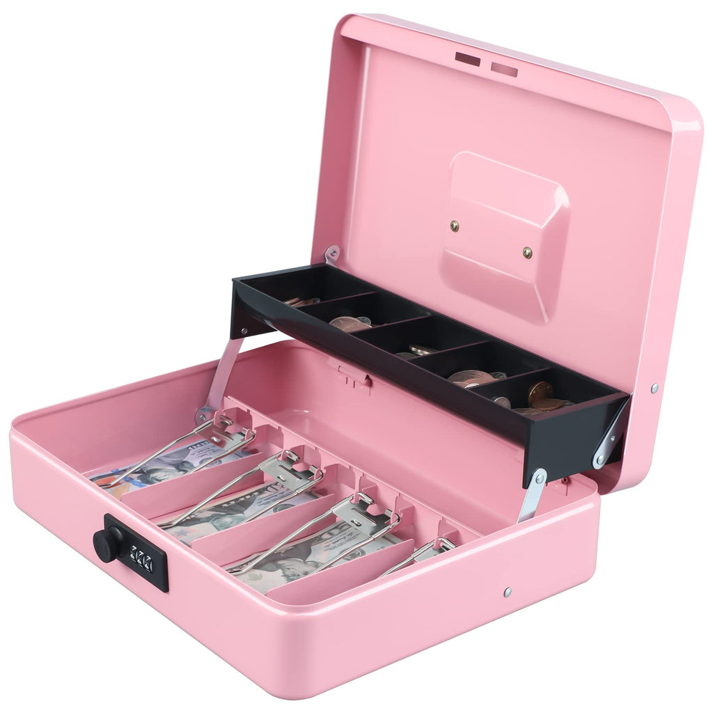 Xydled Cash Box With Money Tray And Combination Lock,Tiered, Cantilever Design,4 Bill / 5 Coin Slots,11.8' X 9.5' X 3.5',Pink