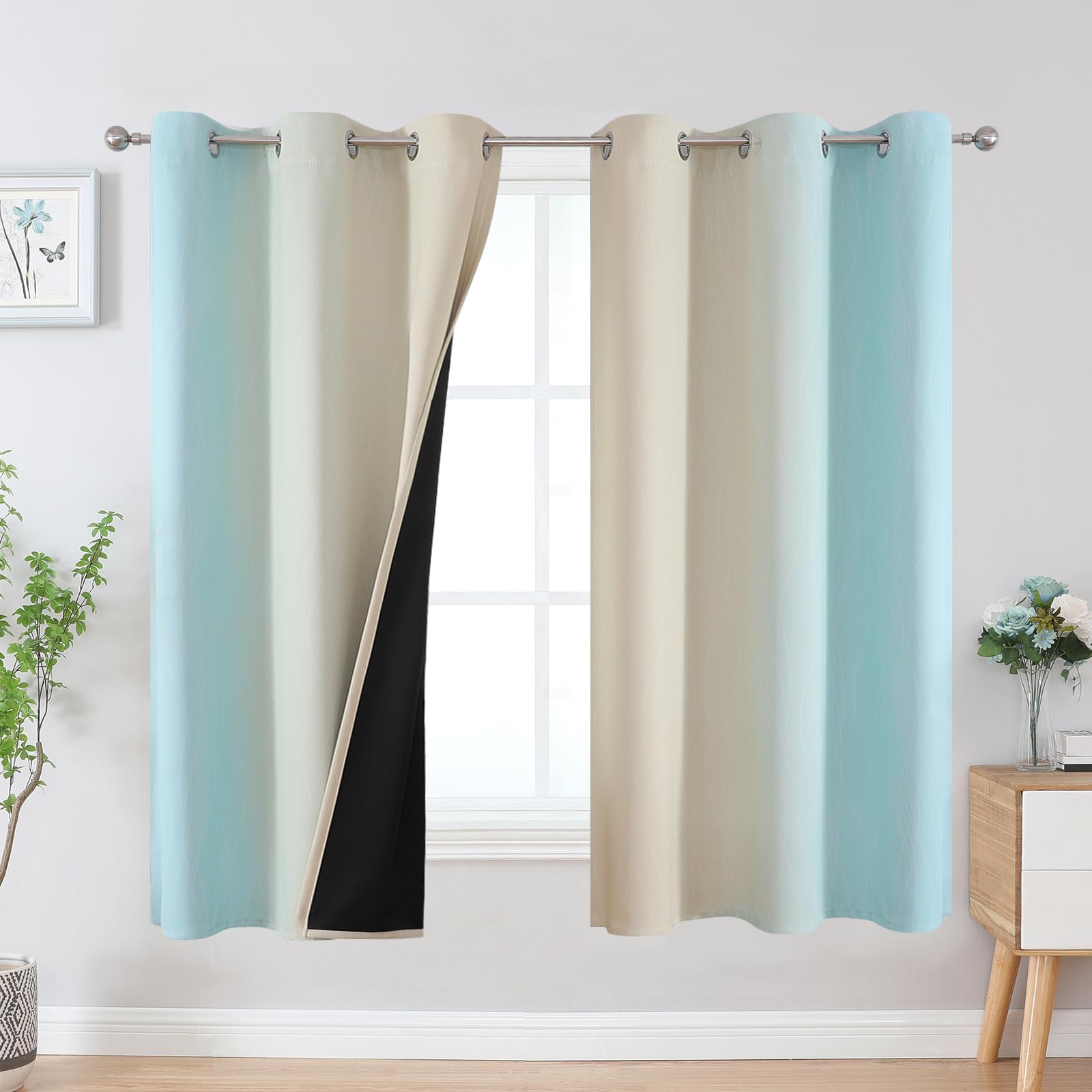 Estelar Textiler Aqua And Beige Blackout Curtains & Drapes For Bedroom, Thermal Insulated Ombre Blackout Drapes, Room Darkening