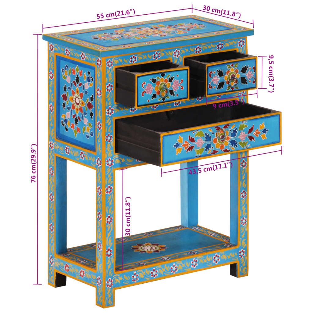 vidaXL Solid Mango Wood Sideboard with Hand-Painted Decorative Details, Multicolor - Turquoise Base, Retro-Style 3-Drawer Cabinet with Handy Storage Options