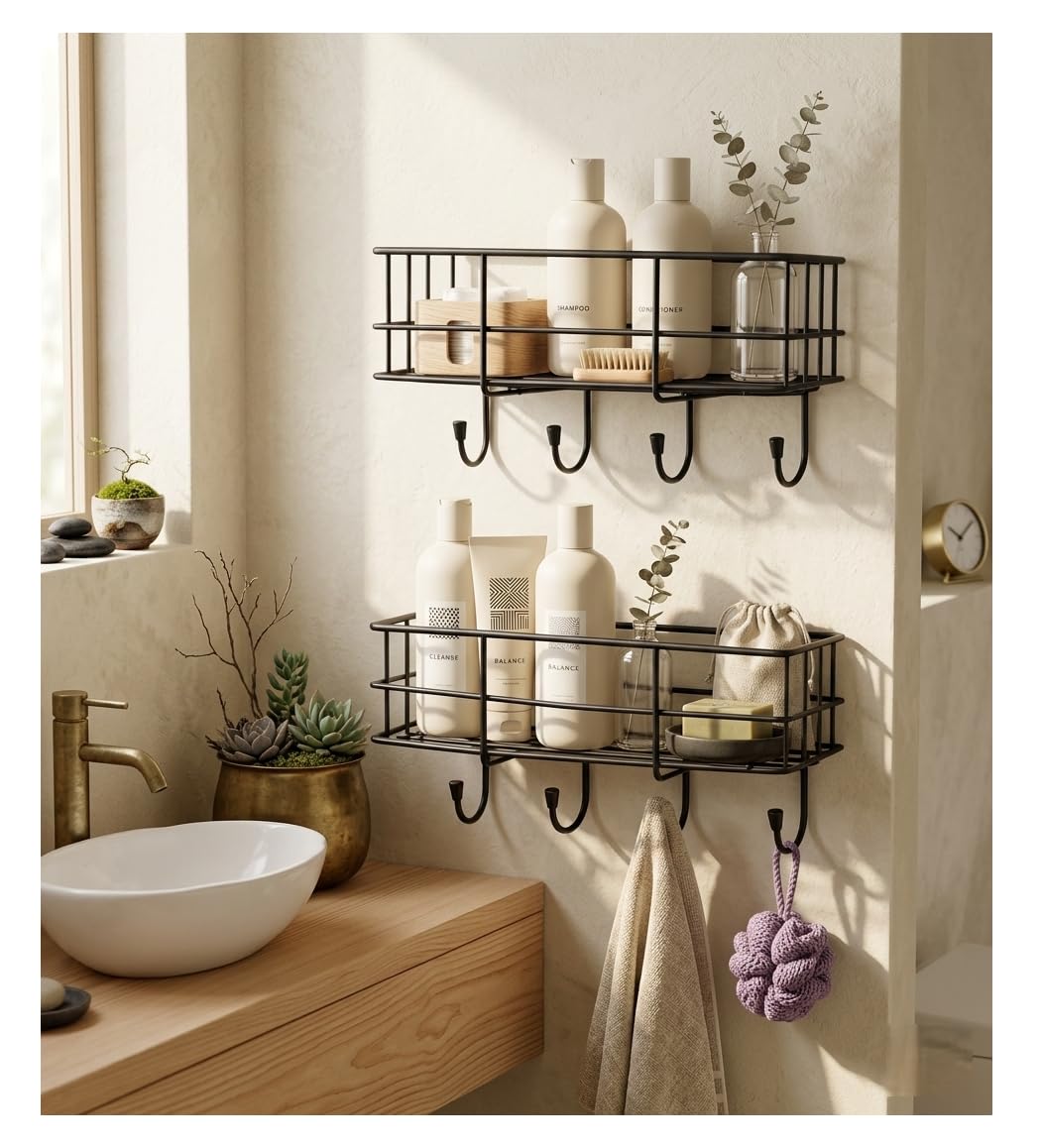 Alturas Wall Shelf Without Drill, Gi Steel Self Adhesive Bathroom Organiser With Hooks, (Set Of 2)