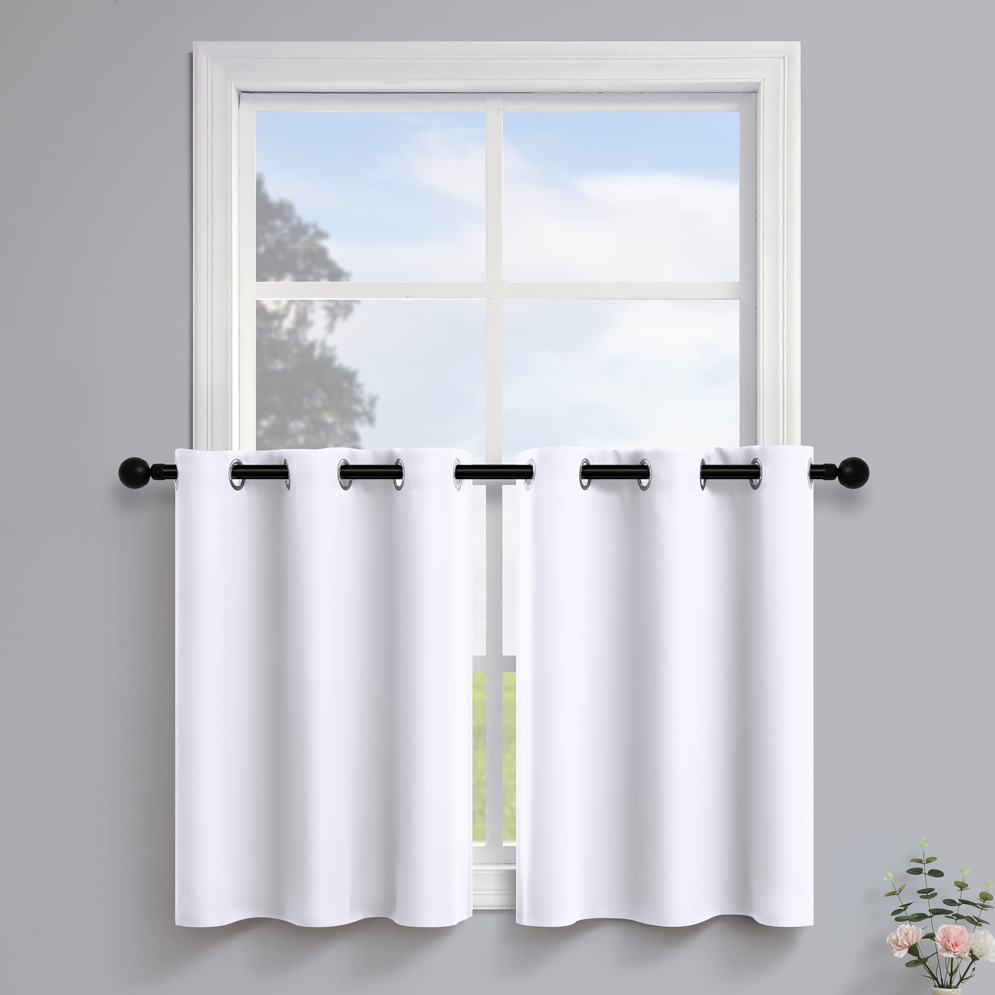 White Cabinet Curtains 30 Inch Length for Small Kids Nursery Dining Room Darkening Privacy Short Grommet Curtain Cafe Tiers Half