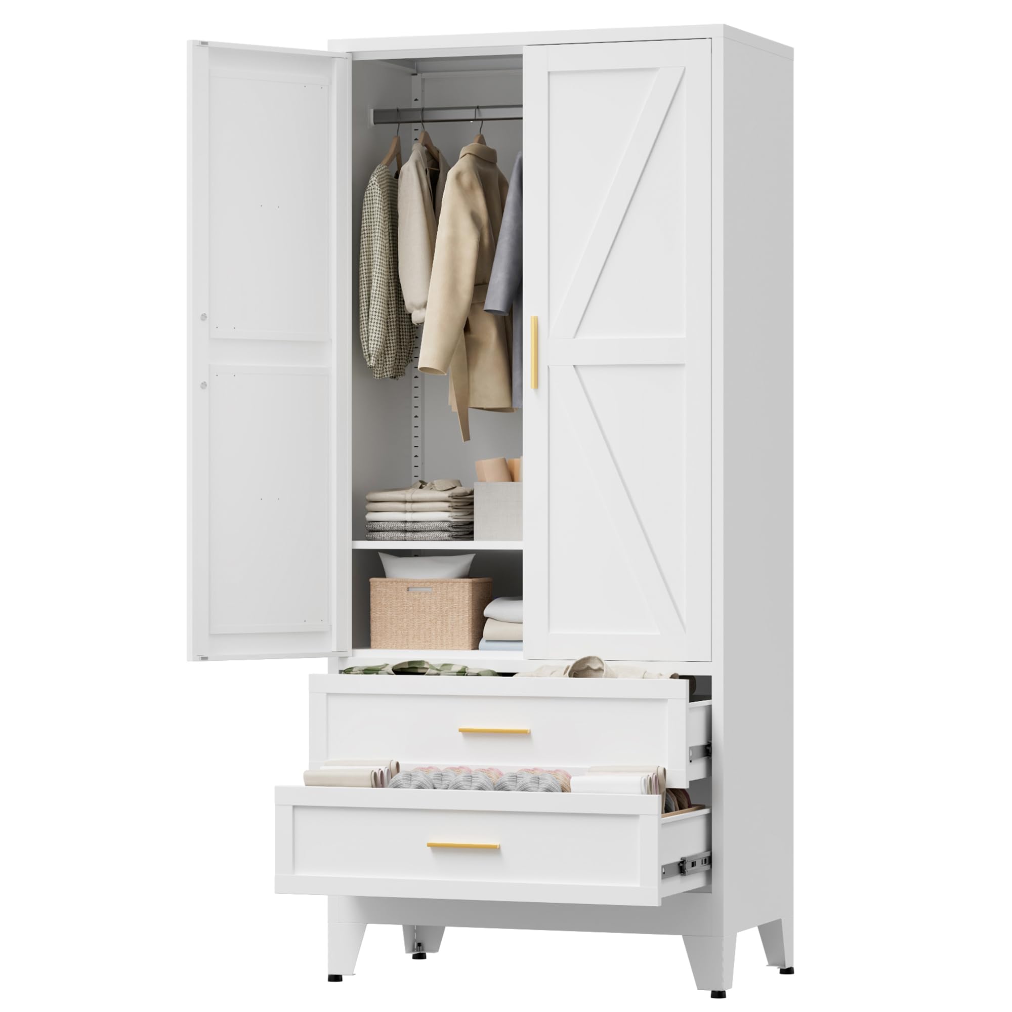 LCAOPC 71  Tall Metal Wardrobe Cabinet with 2 Drawers and Hanging Rod, 2 Doors Armoire Wardrobe Closet with Shelf for Bedroom, O