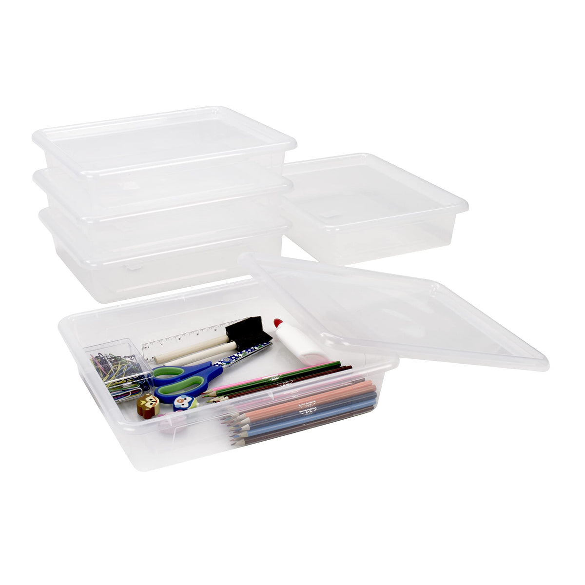 Storex Letter Size Deep Storage Tray - Organizer Bin With Non-Snap Lid For Classroom, Office And Home, Translucent, 5-Pack (6256