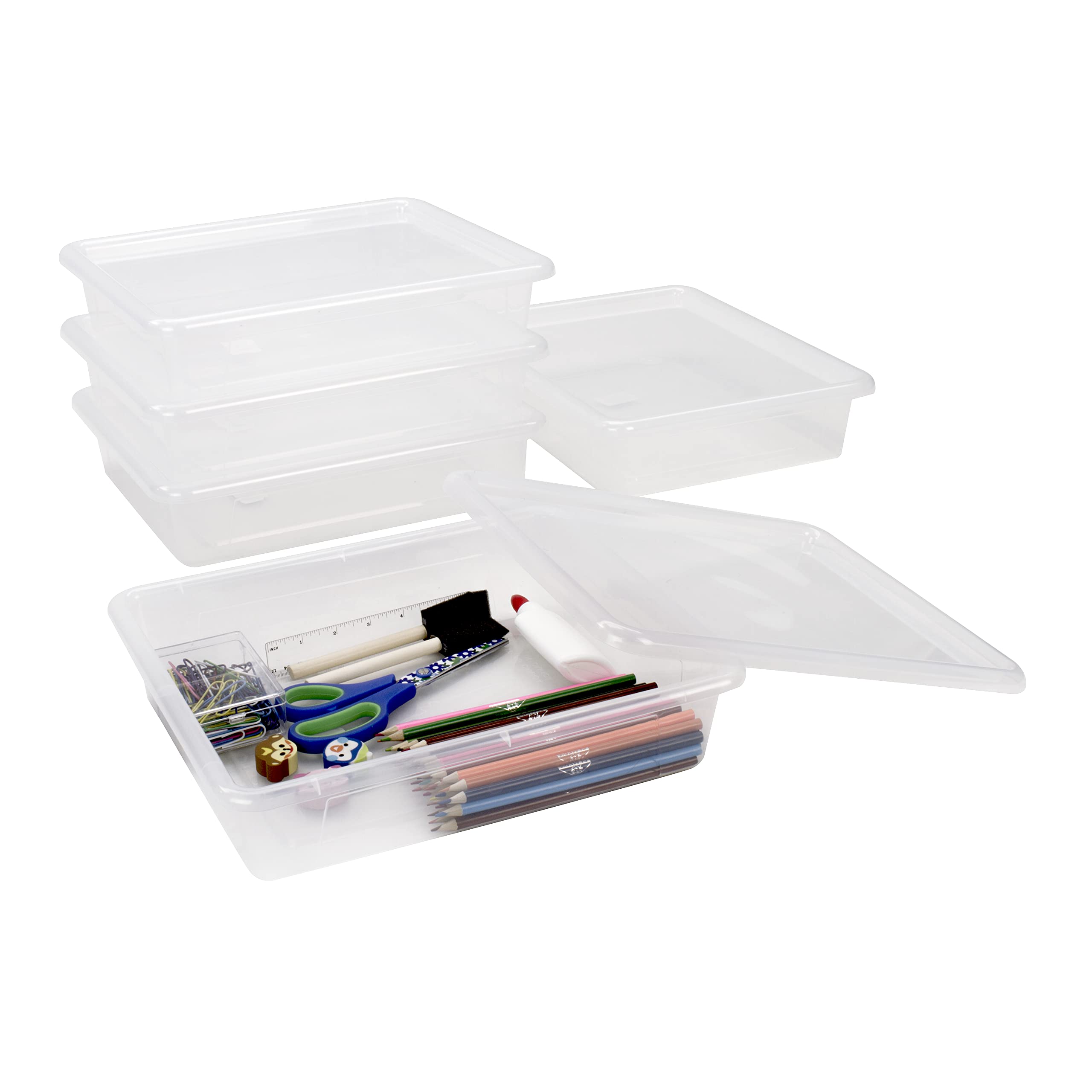 Storex Letter Size Deep Storage Tray - Organizer Bin With Non-Snap Lid For Classroom, Office And Home, Translucent, 5-Pack (6256