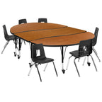 Flash Furniture Mobile 86" Oval Wave Collaborative Laminate Activity Table Set With 14" Student Stack Chairs, Oak/Black