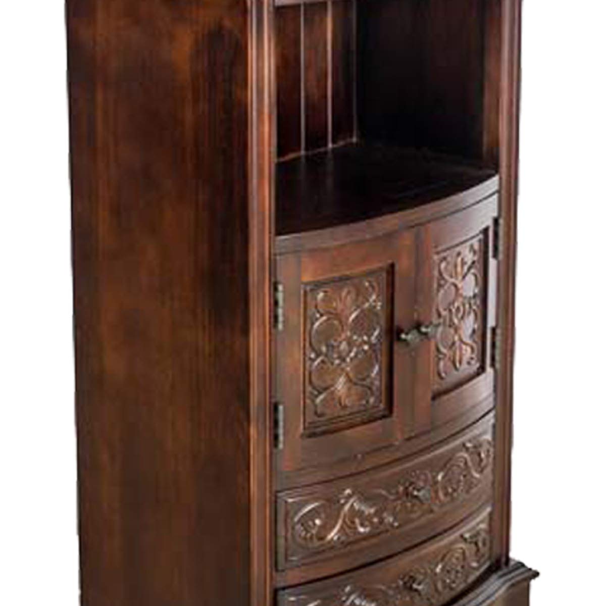 Benjara Engraved Wooden Frame Storage Cabinet with 2 Drawers and 2 Doors, Brown