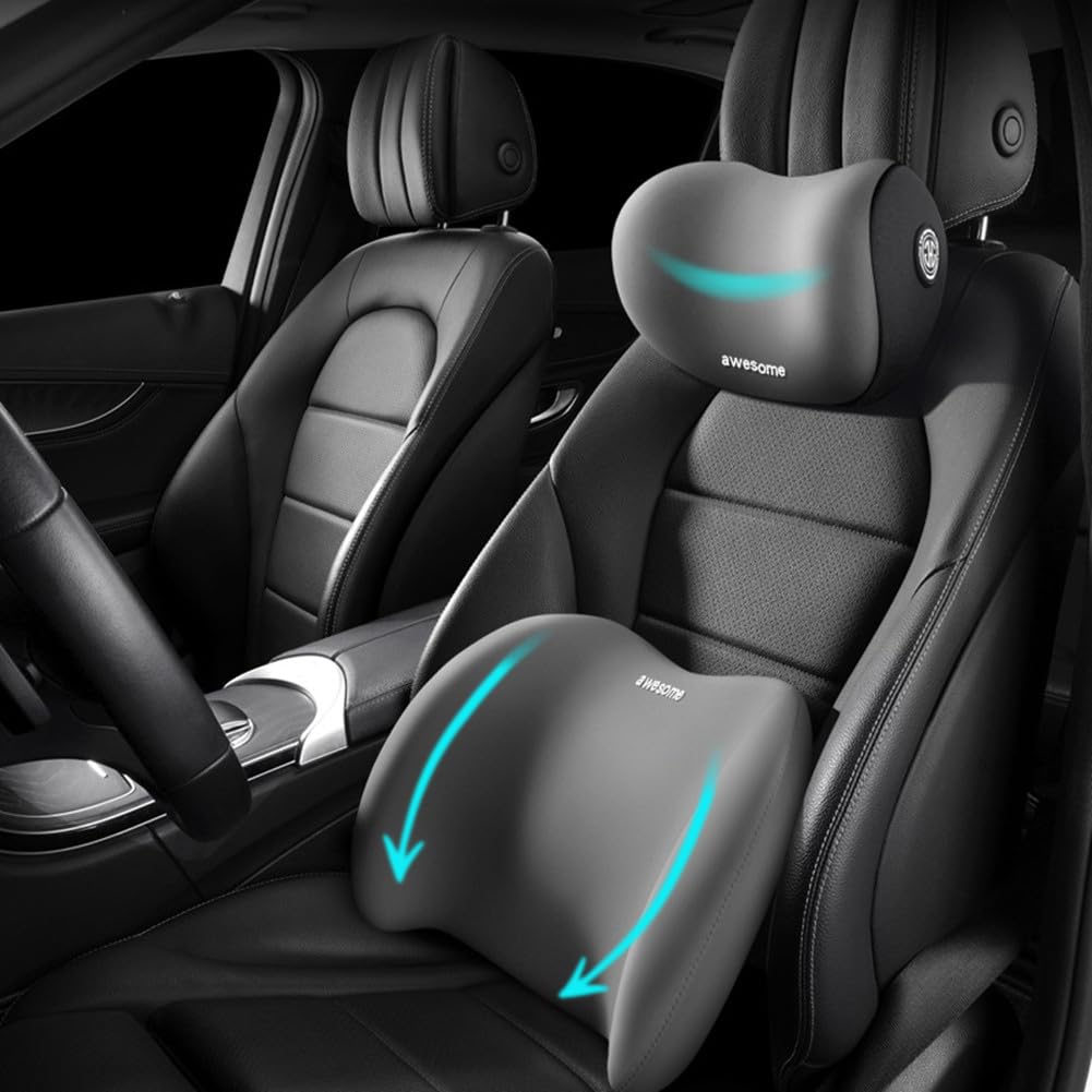 Sothuba Car Lumbar Support Pillow And Car Neck Pillow Kit, Ergonomic Car Seat Headrest & Lumbar Cushion With Adjustable Strap Fo