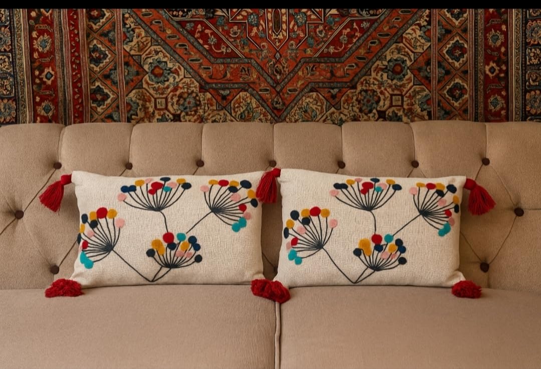 Jutiepie Flowered Handloom Multicolor Cotton Cushion Cover With Tassel | Sofa, Diwan, Bedroom, Living Room | Rectangle Throw/Lon