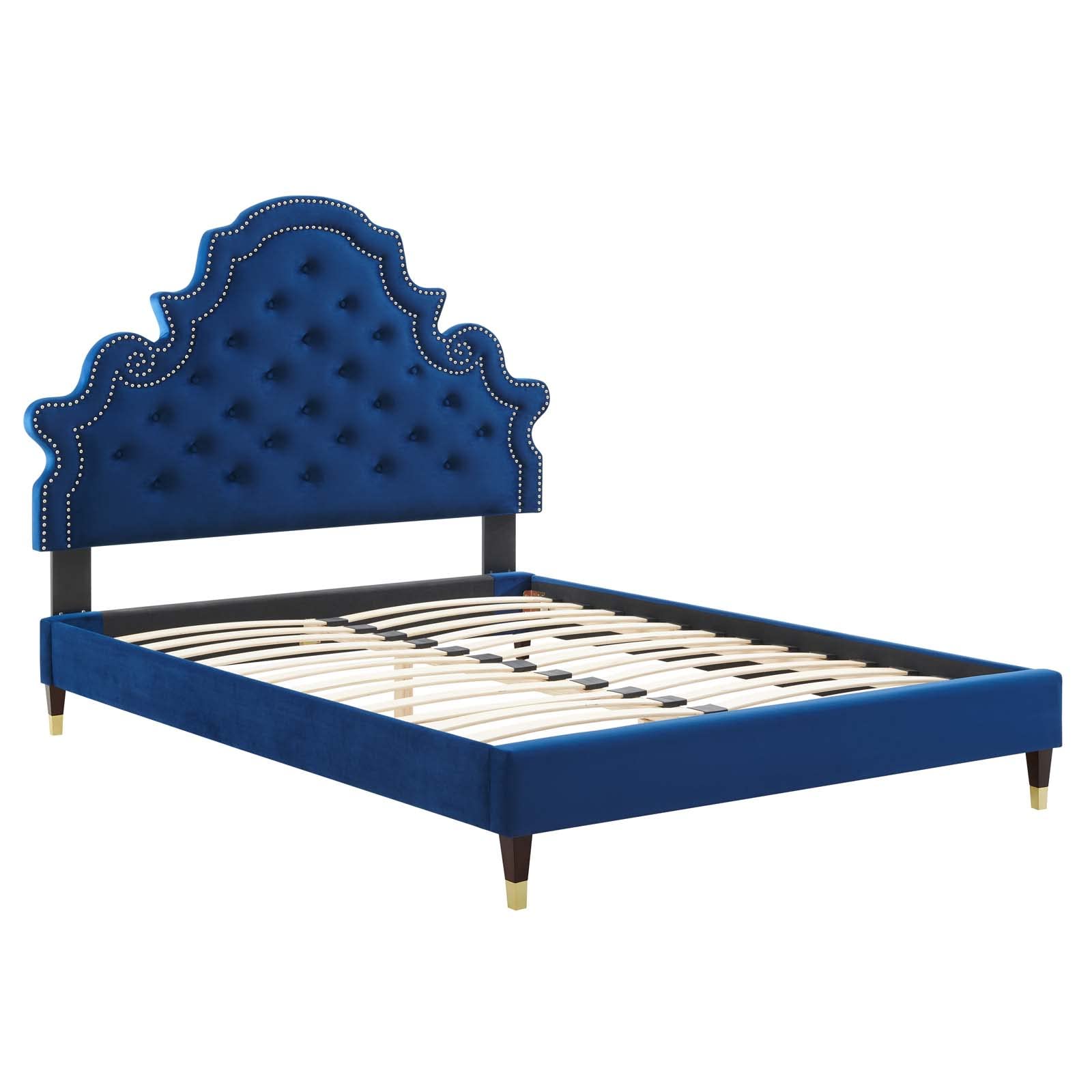 Modway Gwyneth Tufted Performance Velvet Queen Platform Bed in Navy with Wood and Gold Legs