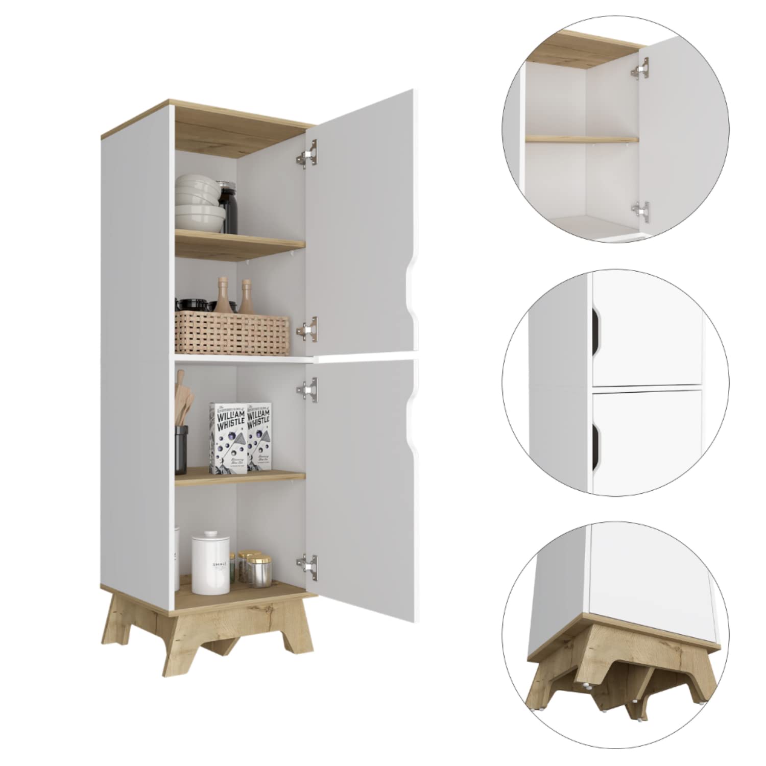 Multistorage Cabinet 59&quot; H, 2 Doors, 4 Internal Shelves, Light Oak/White