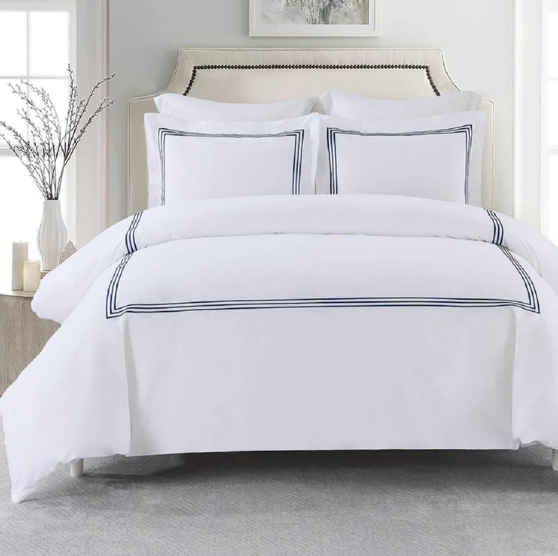 Royal Tradition 3Pc Percale Duvet Cover Set (King/Calking, Navy) Adeline Embroidered Comforter Cover With Pillow Shams