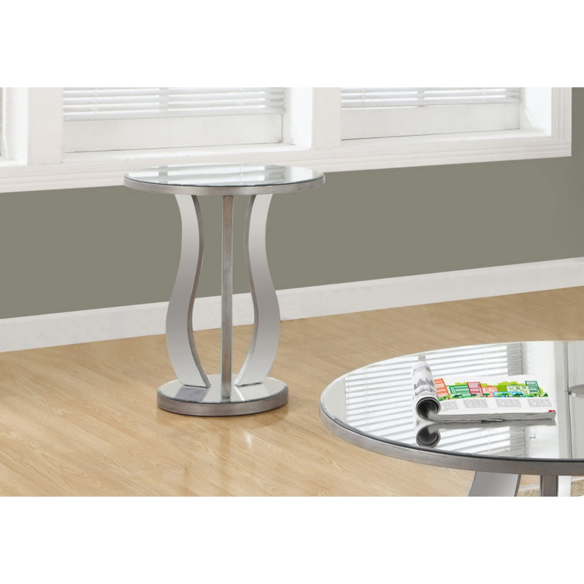 Monarch Specialties Accent End Table Mirrored, 24&quot; H, Brushed Silver
