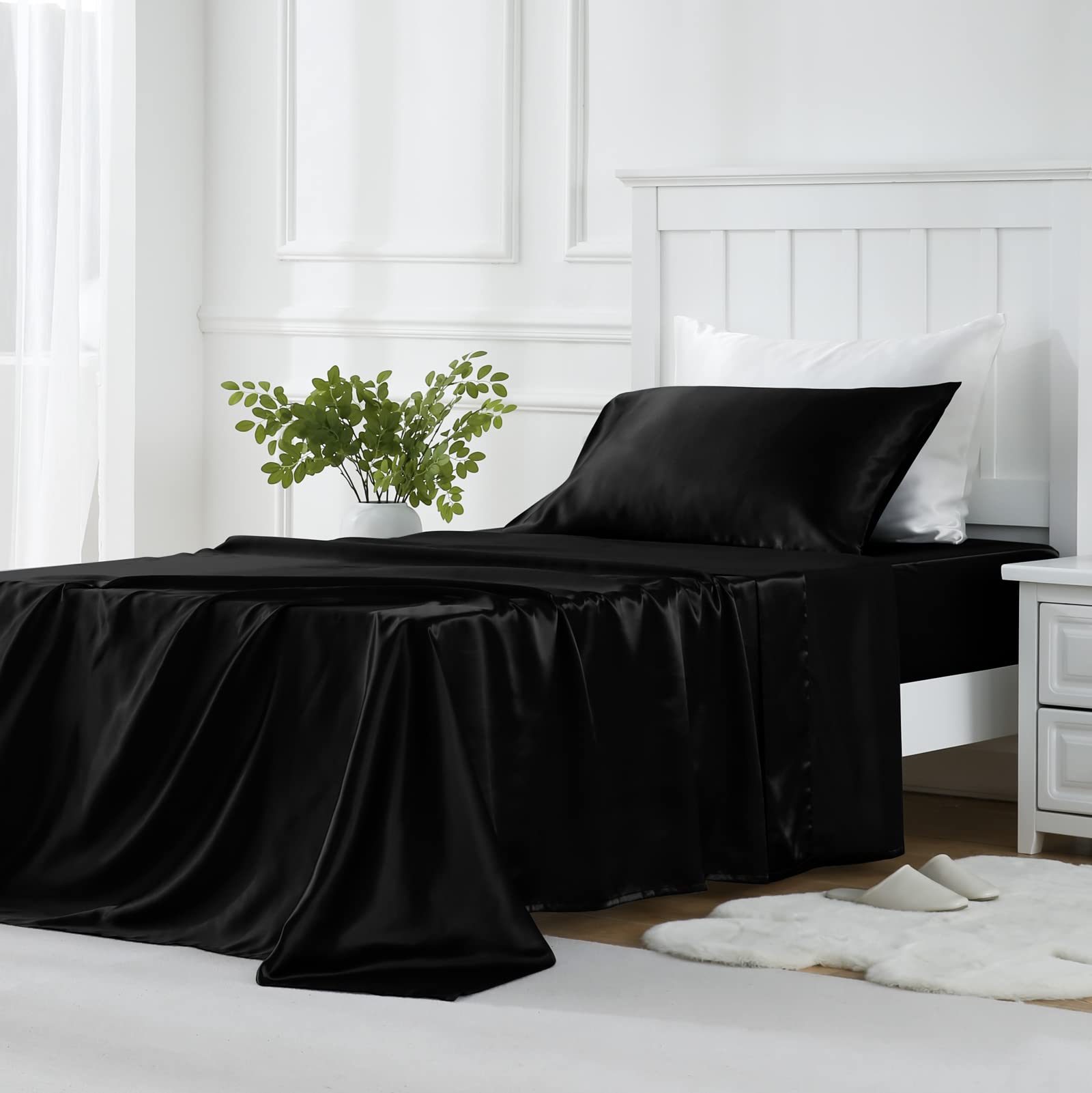 Golal Satin Sheets Twin Size - 3 Pieces Luxury Silky Soft Bed Sheets For Kids, Wrinkle-Free Black Satin Silk Sheet Set With 1 Deep Pocket Fitted Sheet, 1 Flat Sheet, 1 Pillow Case