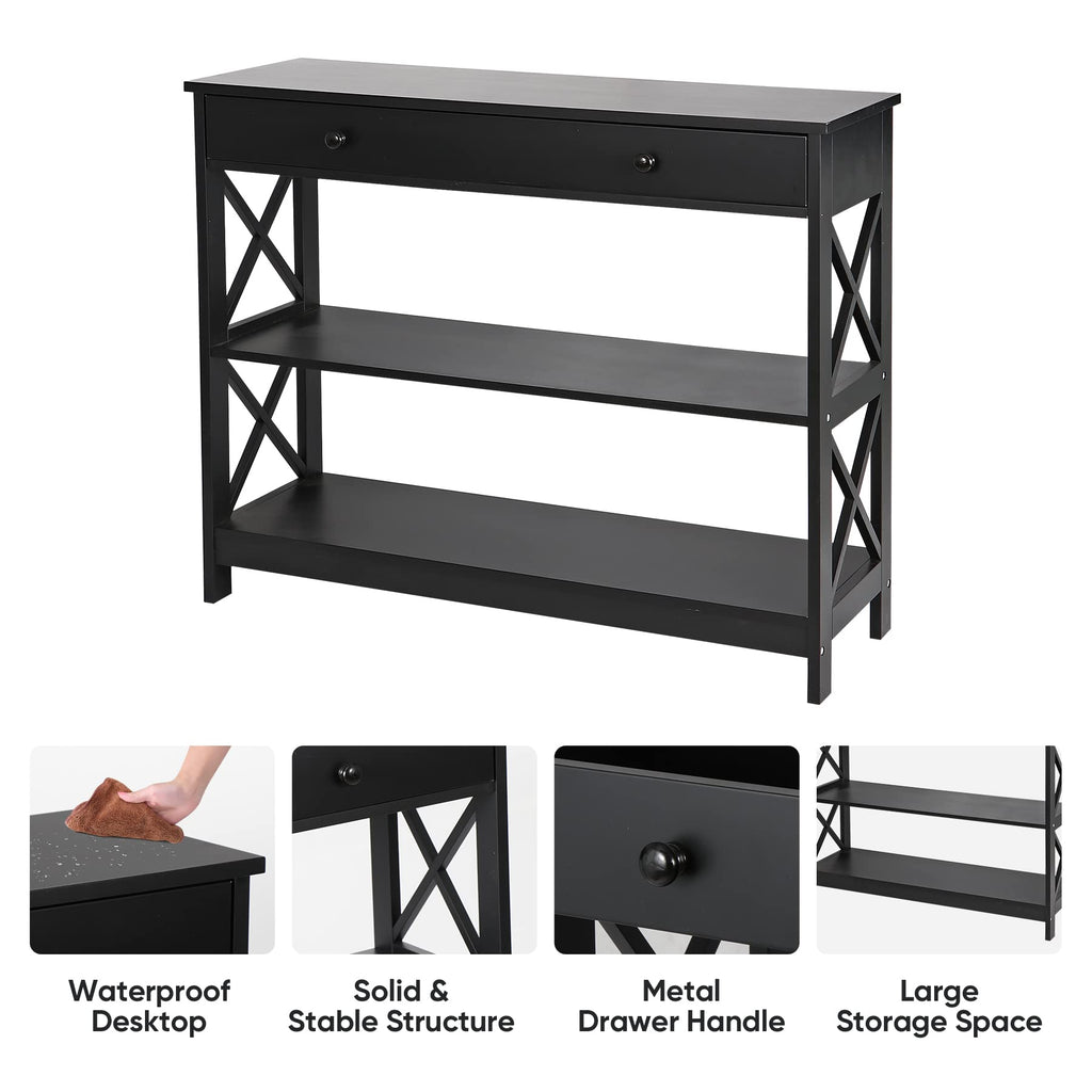 Super Deal Wood Console Table 3 Tier Sofa Table With Drawer And Storage Shelves Narrow Entryway Table Hallway Table For Living Room Bedroom, Stable X Frame Design, 39.5 Inch Long Black