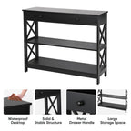 Super Deal Wood Console Table 3 Tier Sofa Table With Drawer And Storage Shelves Narrow Entryway Table Hallway Table For Living Room Bedroom, Stable X Frame Design, 39.5 Inch Long Black