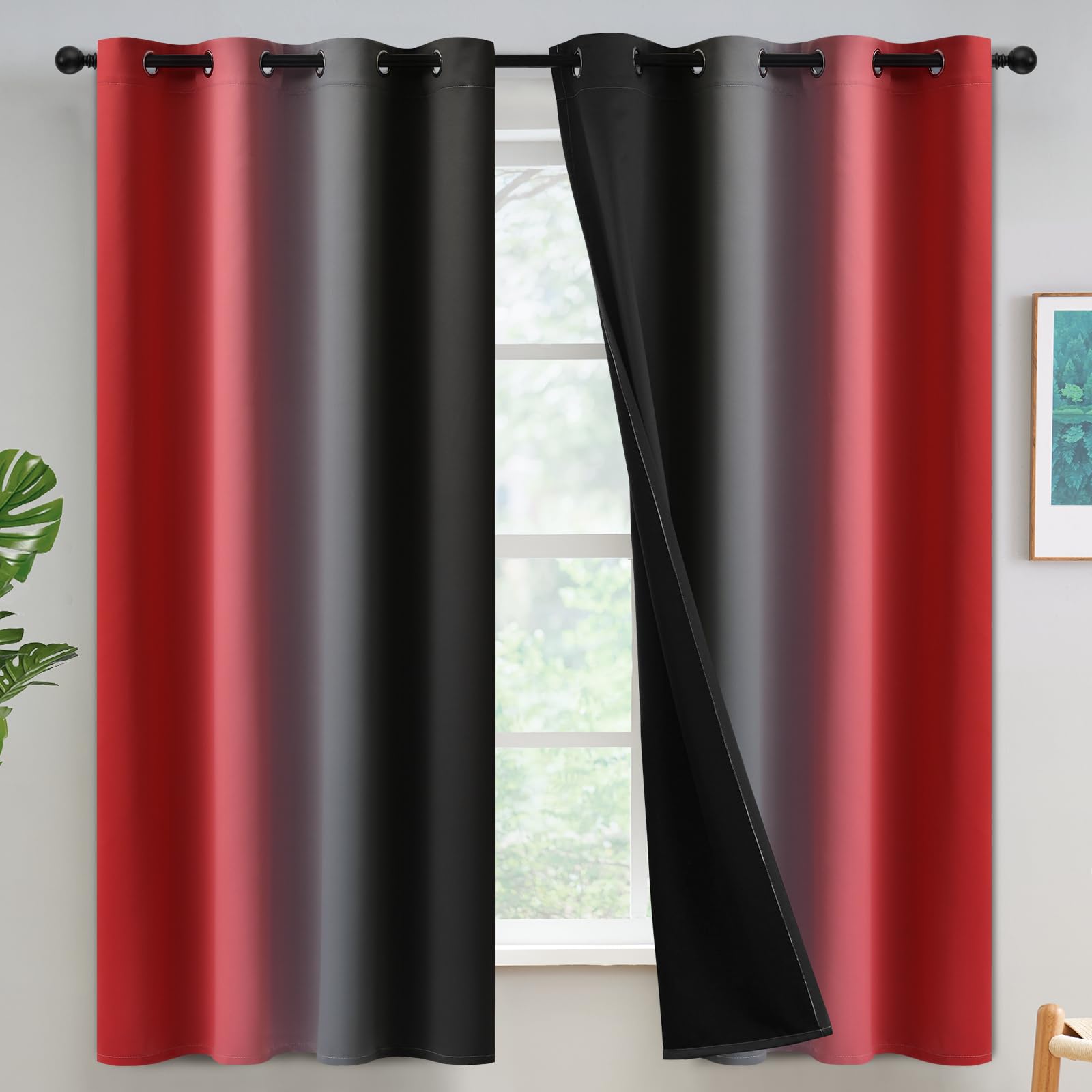 Yakamok Red and Black 100% Blackout Curtains for Bedroom,Ombre Room Darkening Curtains for Living Room Grommet Window Curtains 6
