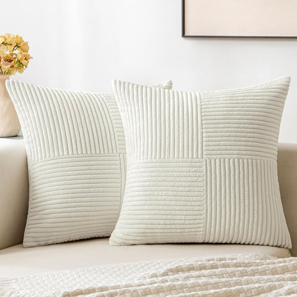 Miulee White Corduroy Pillow Covers Pack Of 2 Boho Decorative Spliced Throw Pillow Covers Soft Solid Couch Pillowcases Cross Pat