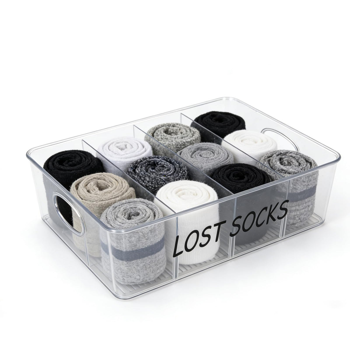 Duimbok Lost Socks Basket for Laundry Room, Clear Plastic Sock Organizer Bin with Handles,4 Compartments Removable Dividers,Tran